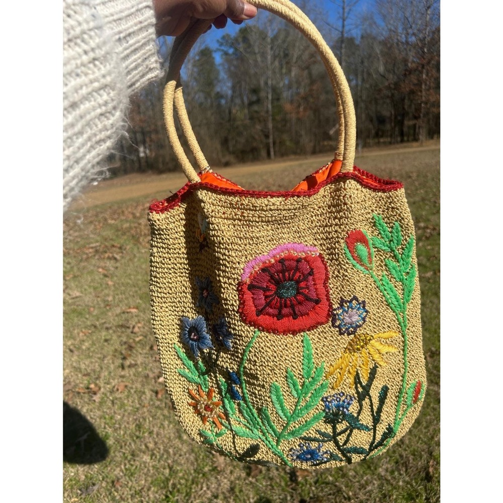 Petro Zillia Vintage Floral Embroidered Straw beaded Tote Bag Womens - Picture 3 of 14